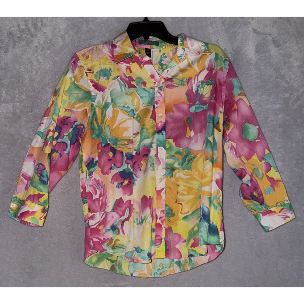 Ralph Lauren Womens Size Large Tropical Floral Blouse Shirt Top Spring Summer